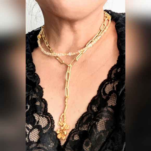 Natural Citrine And Gold Beads In Long Two Strand Gold Paperclip Necklace - Picture 11 of 12